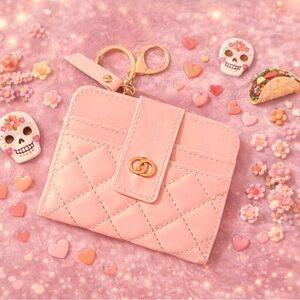 Quilted Pink Card Holder Wallet with Gold Hardware